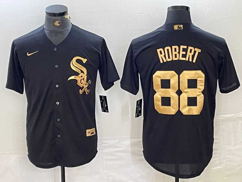Men%27s Chicago White Sox #88 Luis Robert Black Gold Cool Base Stitched Baseball Jersey